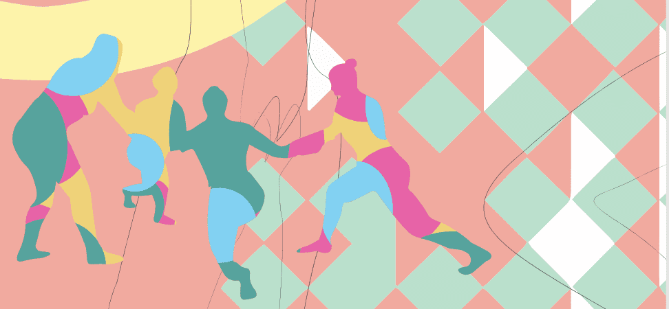 Artwork showing silhouettes of four human figures and diamond shapes of various colours