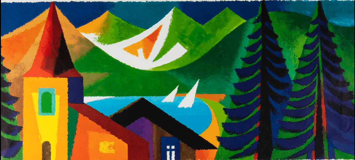Illustration of a church, with a house and two large trees next to it. A lake and mountains are in the background.