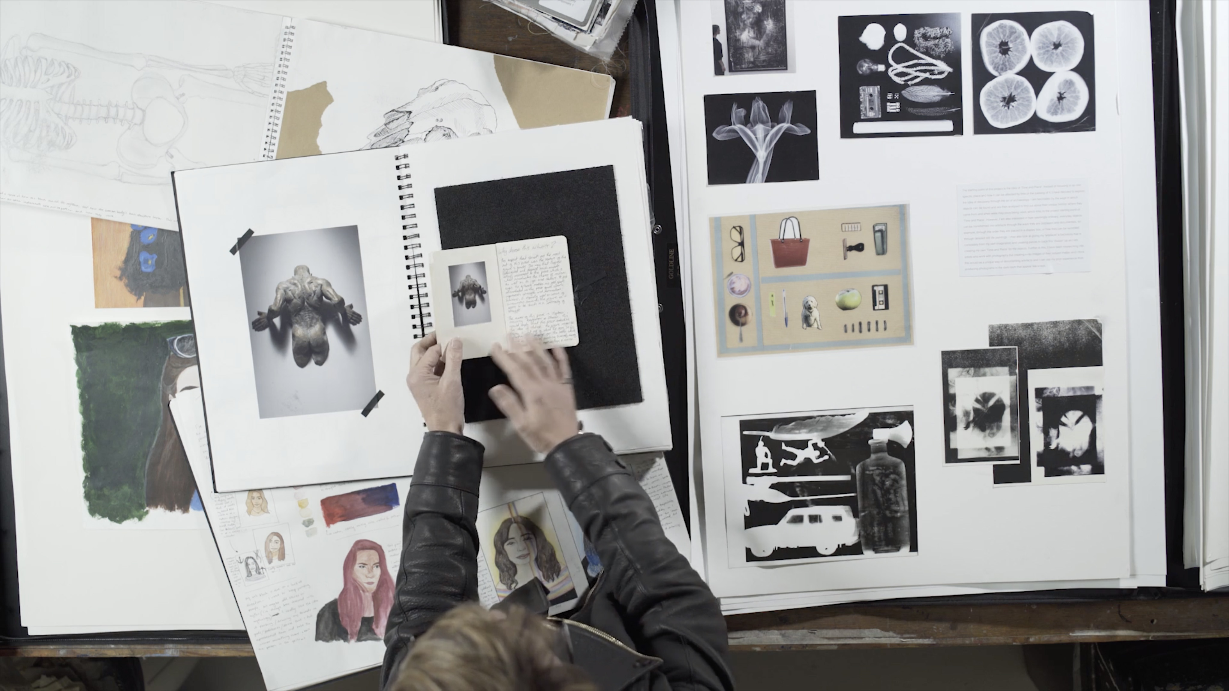 A person placing a small notebook inside a large portfolio book. Other books and larger documents lie across a large table.