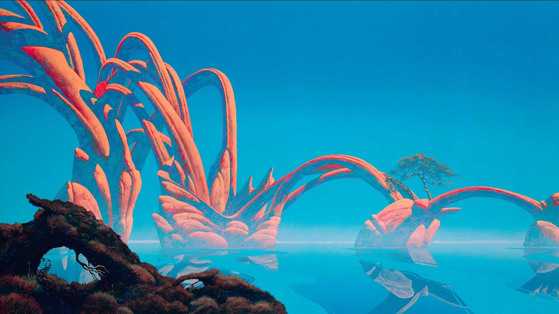 Artwork by Roger Dean – abstract seascape with islands and bridges, tree, blue sky.