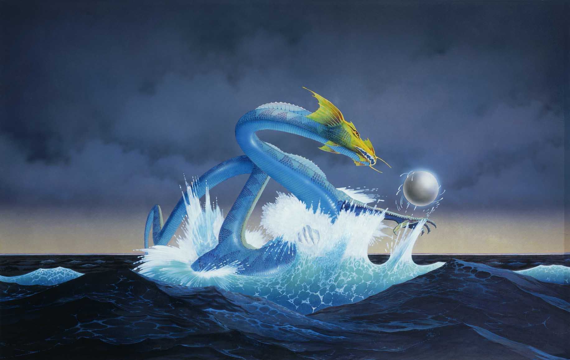 Artwork by Roger Dean – stormy sea with a blue dragon and orb.