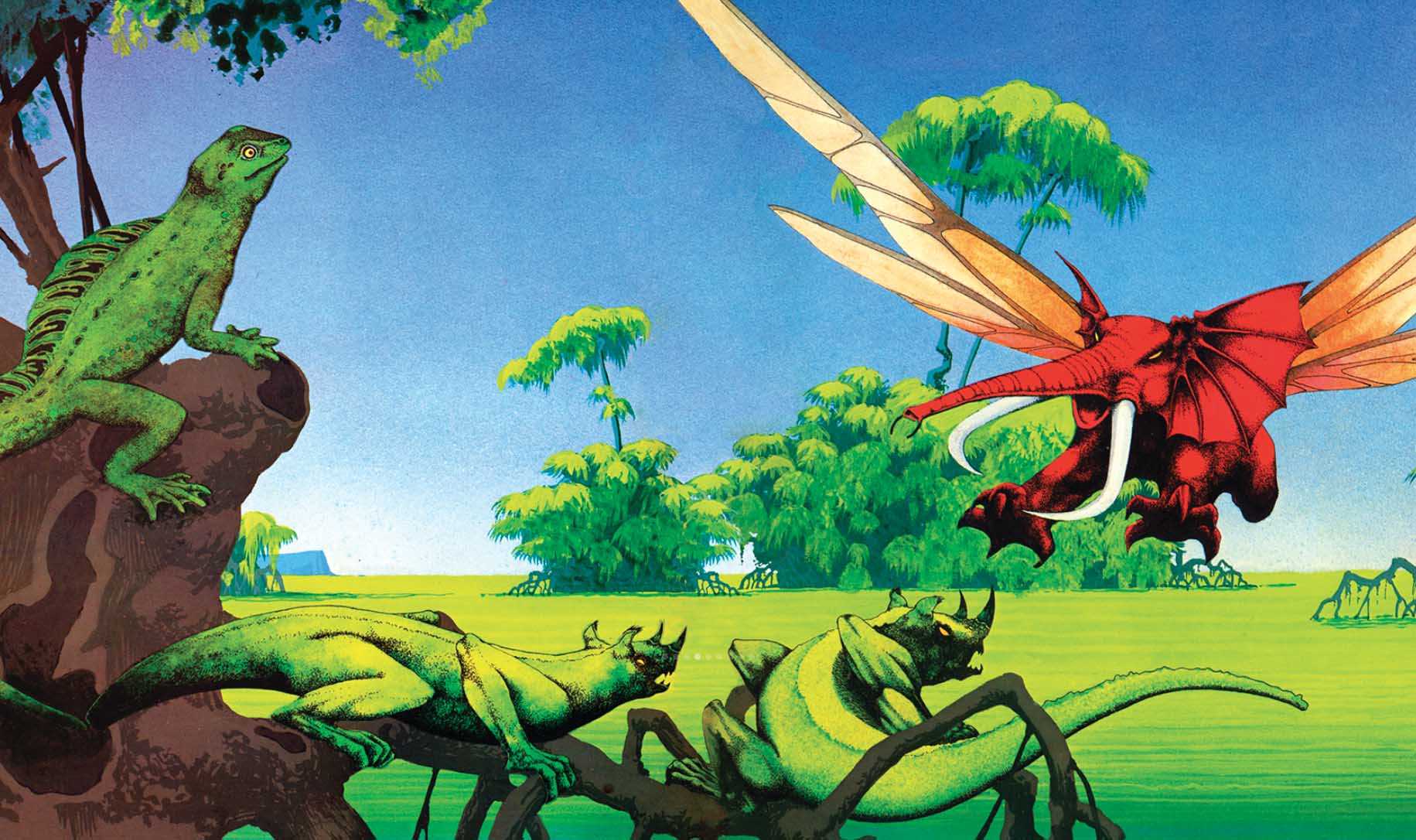 Artwork by Roger Dean – abstract rainforest scene with green lizards and a red flying elephant, blue sky.