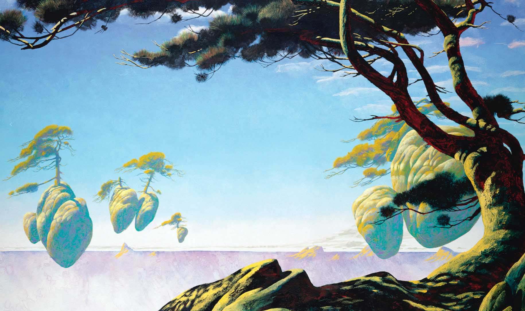 Artwork by Roger Dean – abstract floating islands with trees, blue background.