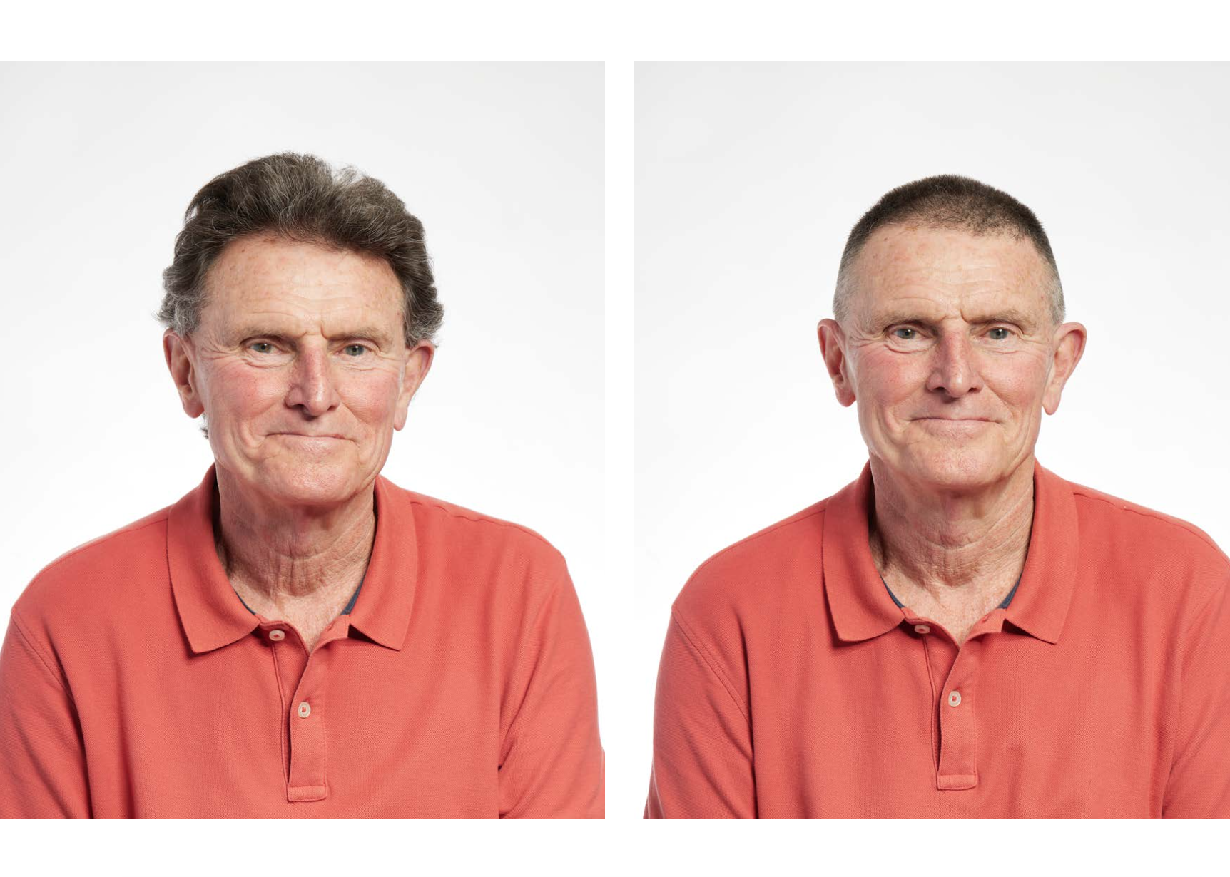 Two photos of the same person wearing an orange polo shirt. The photo on the left shows them with longer hair; the photo on the right shows them with shorter hair.