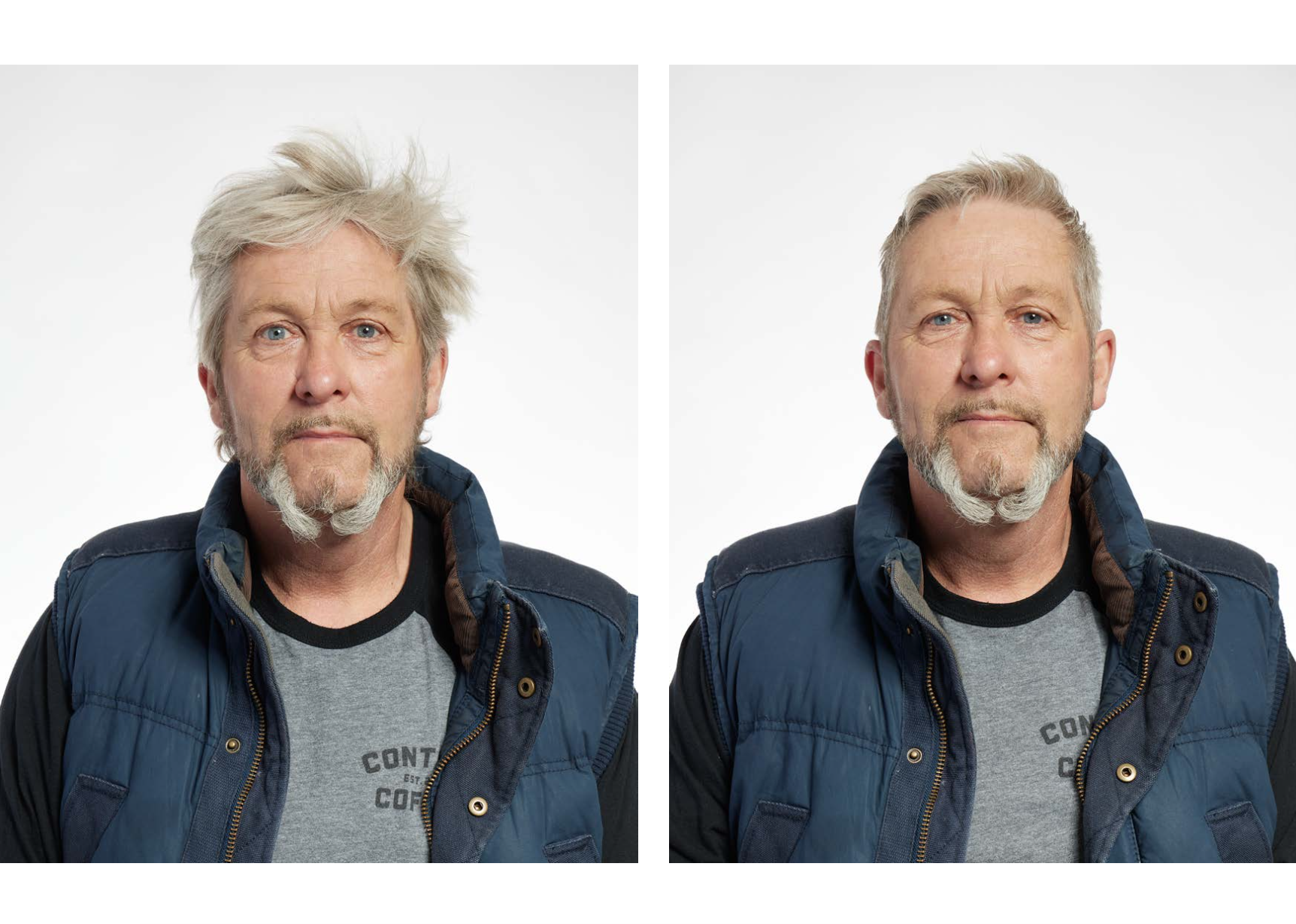 Two photos of the same man. The left shows him with longer, wilder hair; the right shows them with much shorter hair.