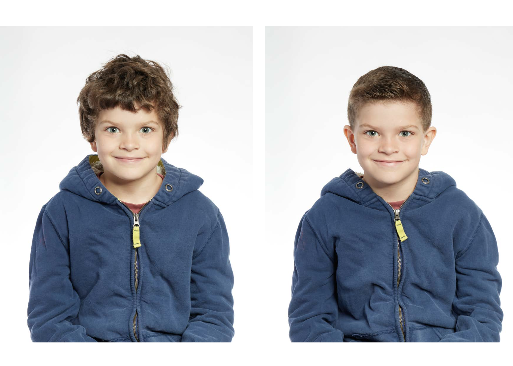 Two photos of the same child wearing a blue zip-up jacket; on the left, their hair is longer; on the right, their hair is shorter.