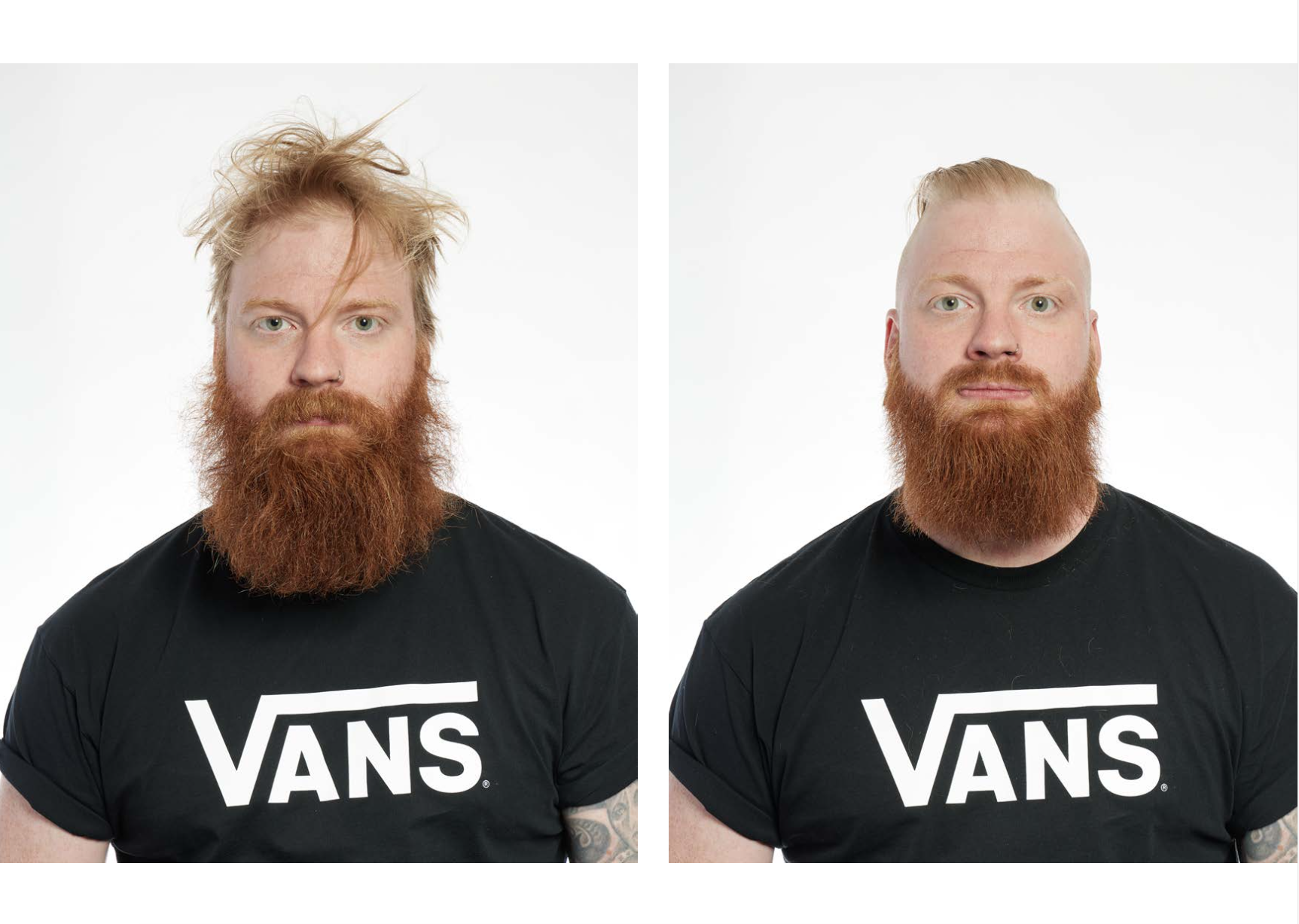 Two photos of the same person wearing a black Vans T-shirt; on the left, they have longer hair and beard; on the right, their hair is shorter and their beard is tidier.