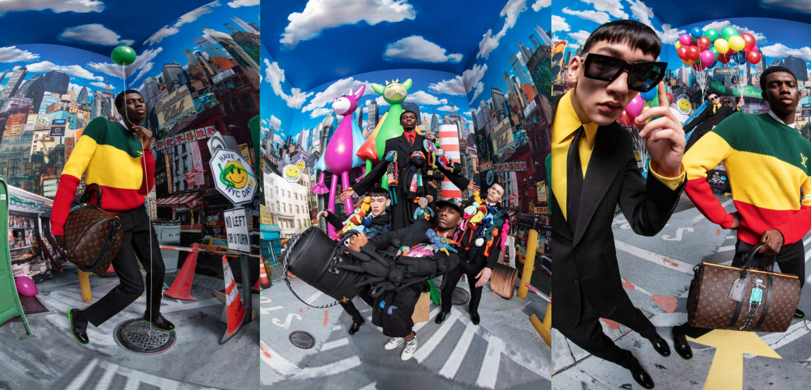 A series of photos of models in suits and fashion costume on a street. The photos are taken at distorted angles.