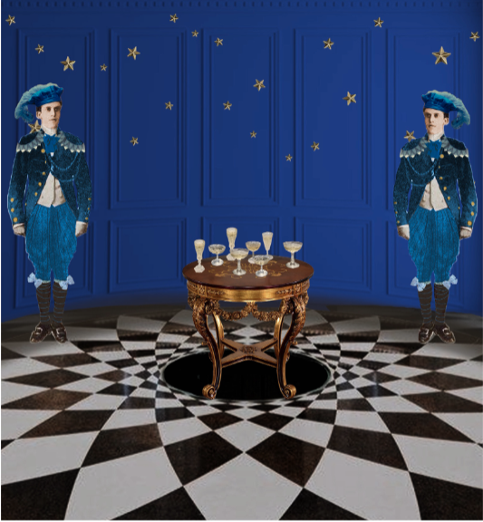 A round room with a spiralling checkerboard floor and a round table in the centre with glasses on it.