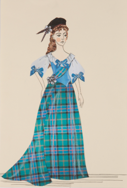 Sketch of a woman in a historical-style tartan dress.