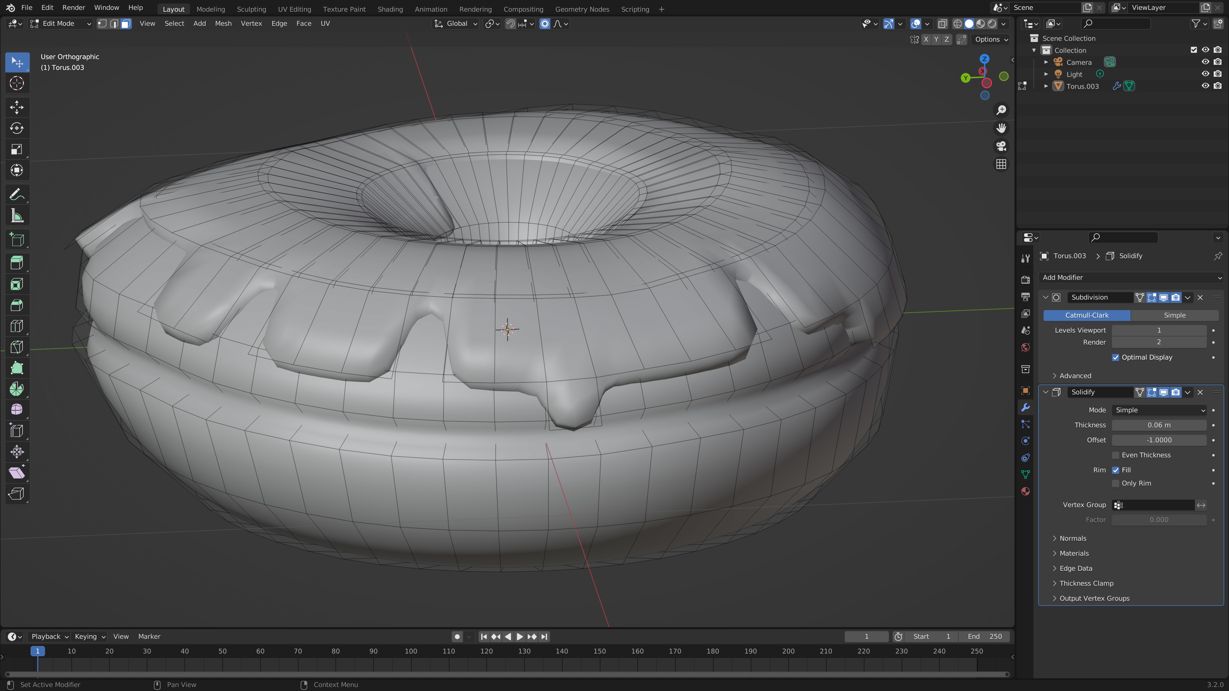 Screenshot of the Blender interface, showing a project of a 3D doughnut design