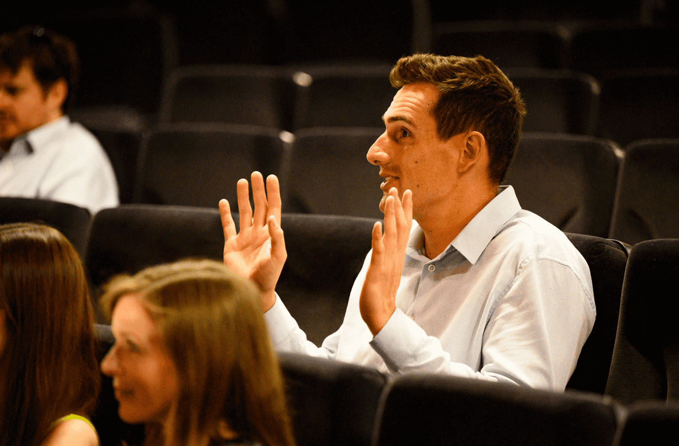 Audience members engaging in questions and interactions at Palace Court Theatre during the Being a Boy Character workshop performance