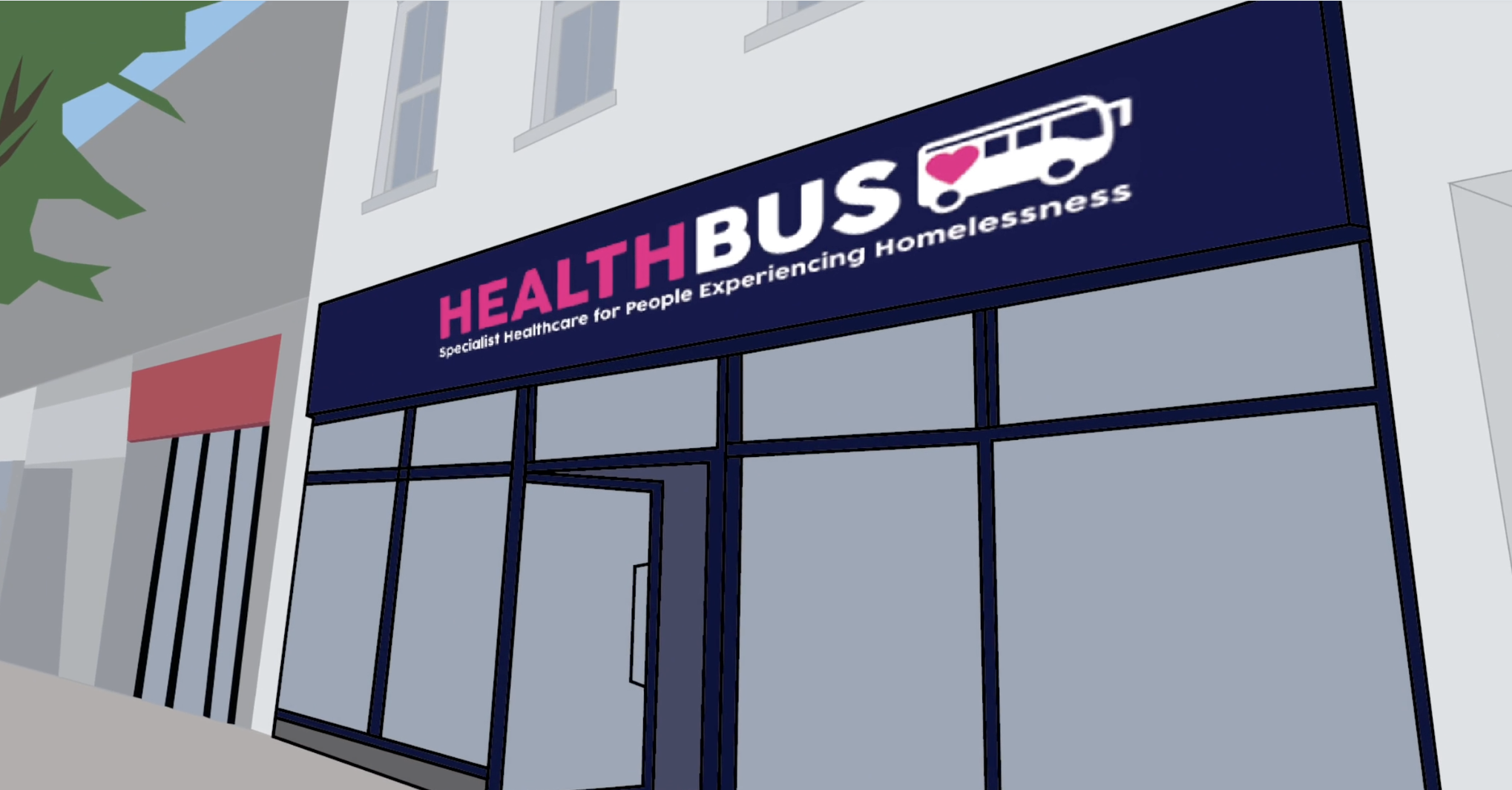Screenshot from Lenya's project showing a 3D mock-up storefront titles 'healthbus' in white and pink text.