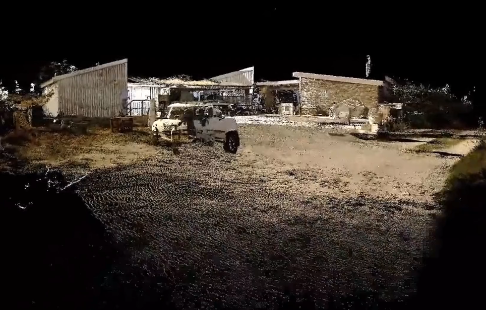 A 3D render of a derelict farm yard