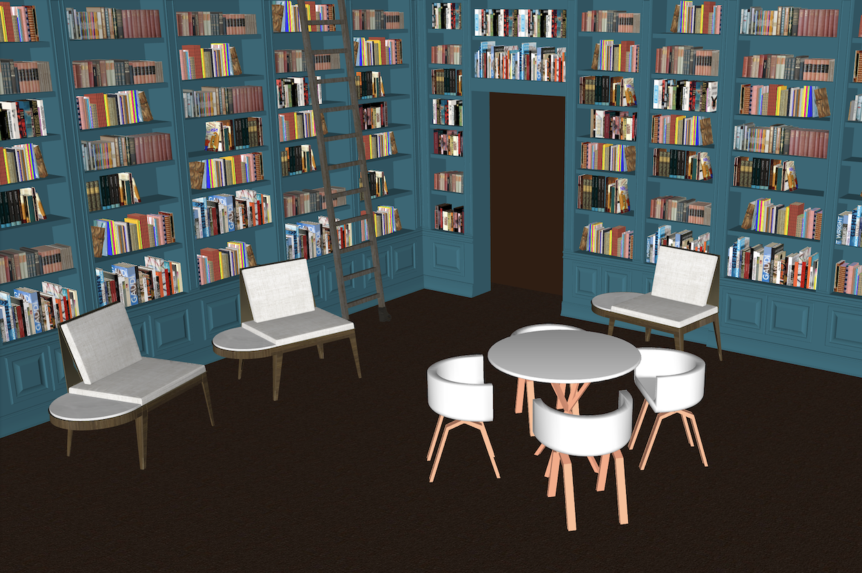 Library interior with teal walls lined with colourful books, dark floor, white chairs, and round table with copper legs in centre.