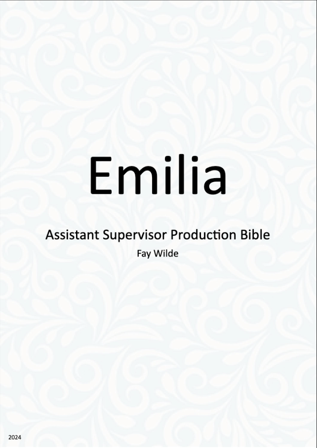 White book cover with black text reading "Emilia" in large font, "Assistant Supervisor Production Bible" below, and "Fay Wilde" at bottom.