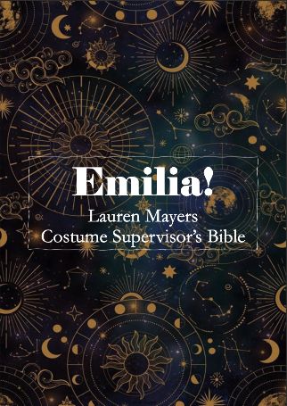 Dark background with golden celestial motifs including suns, moons, and radiating lines. White text reads "Emilia! Lauren Mayers Costume Supervisor's Bible" in centre.