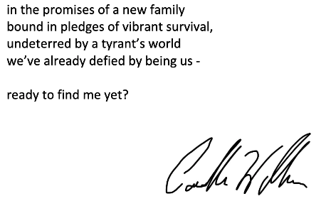 Text excerpt ending with "ready to find me yet?" followed by black handwritten signature reading "Callie Miller"