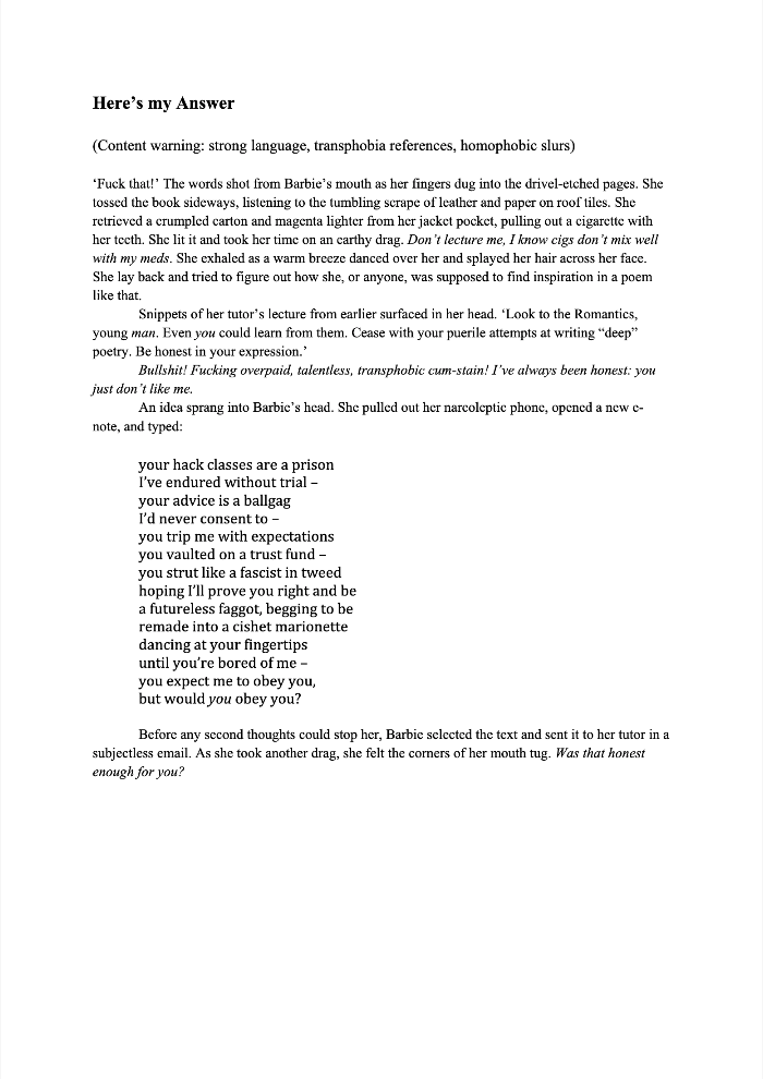 Page of text titled "Here's my Answer" with content warning, followed by prose paragraphs and a poem in smaller font on white background.