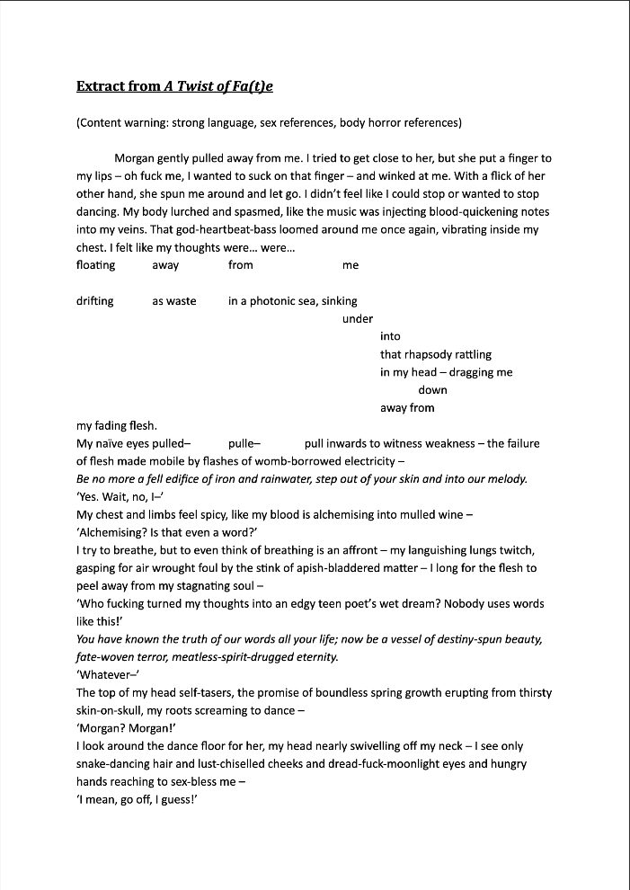 Text extract from "A Twist of Fat(e)" with content warning. Black text on white background, formatted in paragraphs and fragmented lines.