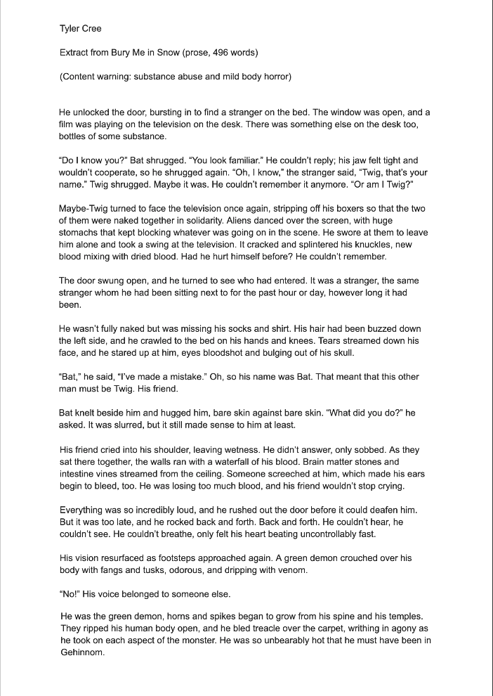 Text excerpt from "Bury Me in Snow" by Tyler Cree with content warning about substance abuse and mild body horror.