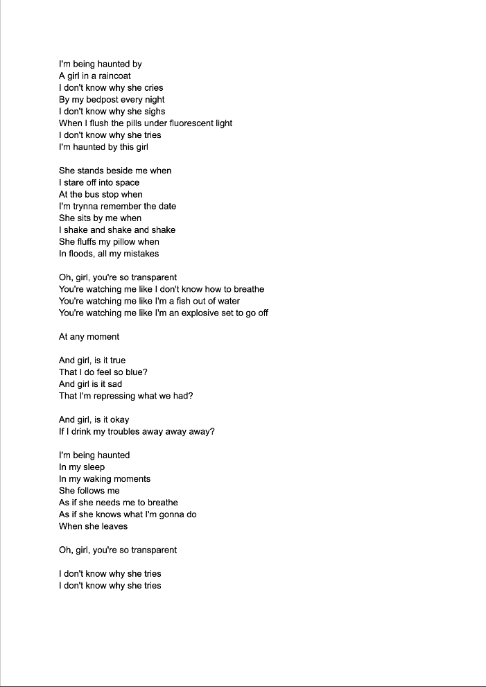Black text on white background showing poem lyrics about being haunted by a girl in a raincoat, arranged in multiple stanzas.