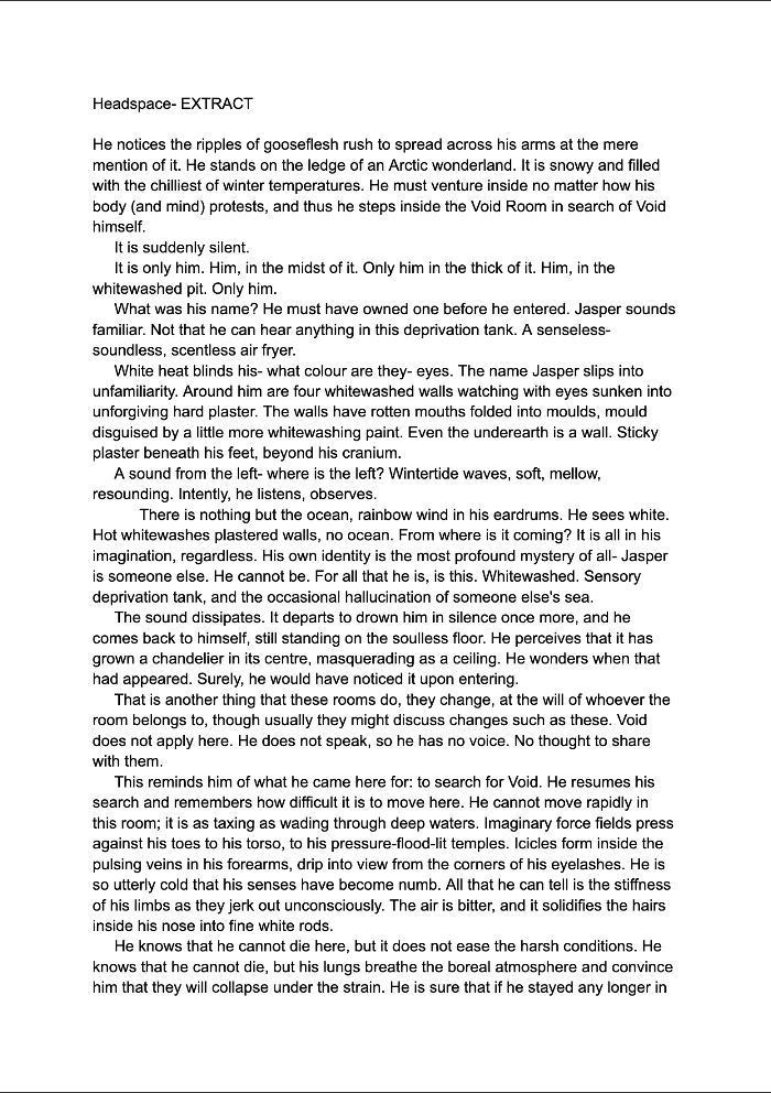 Text document with "Headspace: EXTRACT" header followed by multiple paragraphs of prose describing sensory experiences in white space.