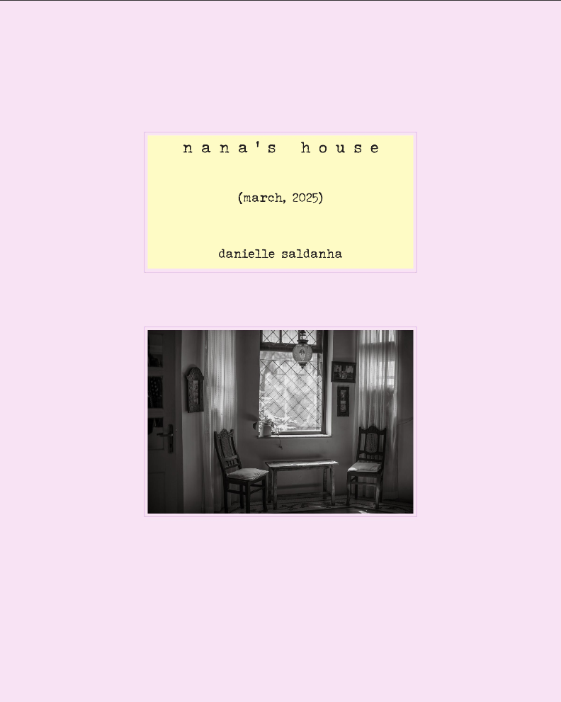 Pink background with yellow text box reading "nana's house (march, 2025) danielle saldanha" above black and white dining room interior.