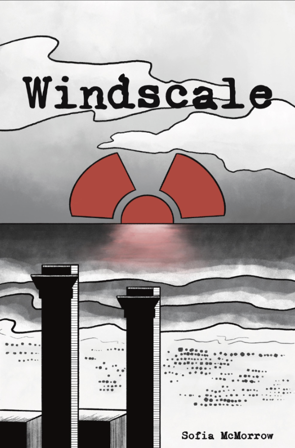 Book cover with "Windscale" in black text, red semi-circular shapes suggesting sun, grey smoky background, black industrial chimneys below.
