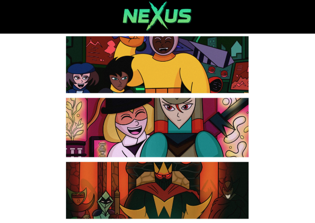 Green "NEXUS" logo on black background above three horizontal panels with cartoon-style characters in bright colours including yellow, orange, green, and red tones.
