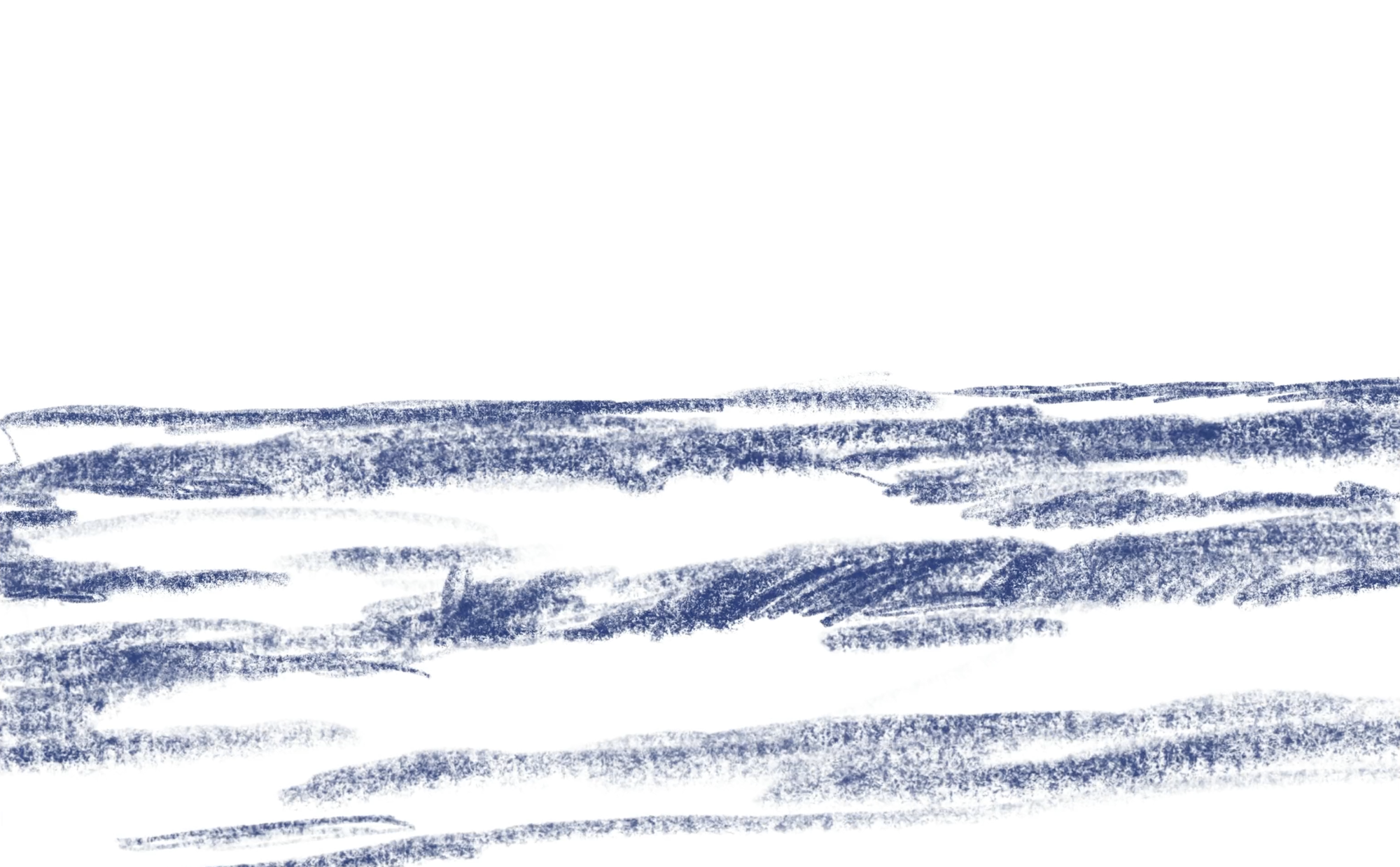 Blue crayon or chalk drawing with horizontal wavy lines across white paper, creating textured stripes with rough, sketchy marks.