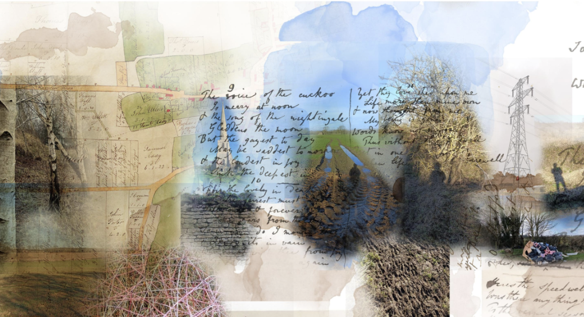 Mixed media artwork with layered architectural sketches, handwritten text, blue watercolour washes, and brown organic forms on cream background.