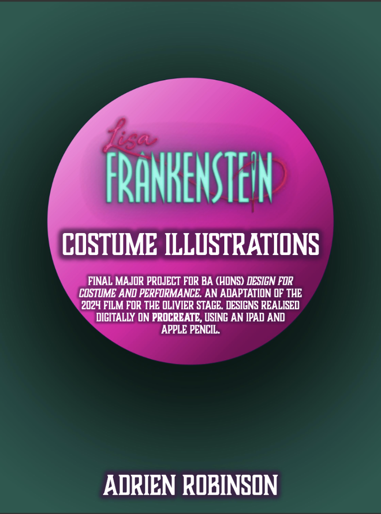 Pink circular design on dark green background with "Poor Frankenstein Costume Illustrations" title and white text describing BA project.