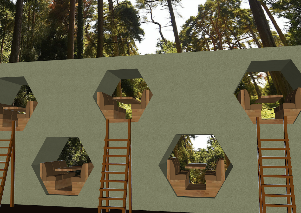 Modern treehouse structure with hexagonal openings and wooden ladders set amongst tall trees in forest setting.