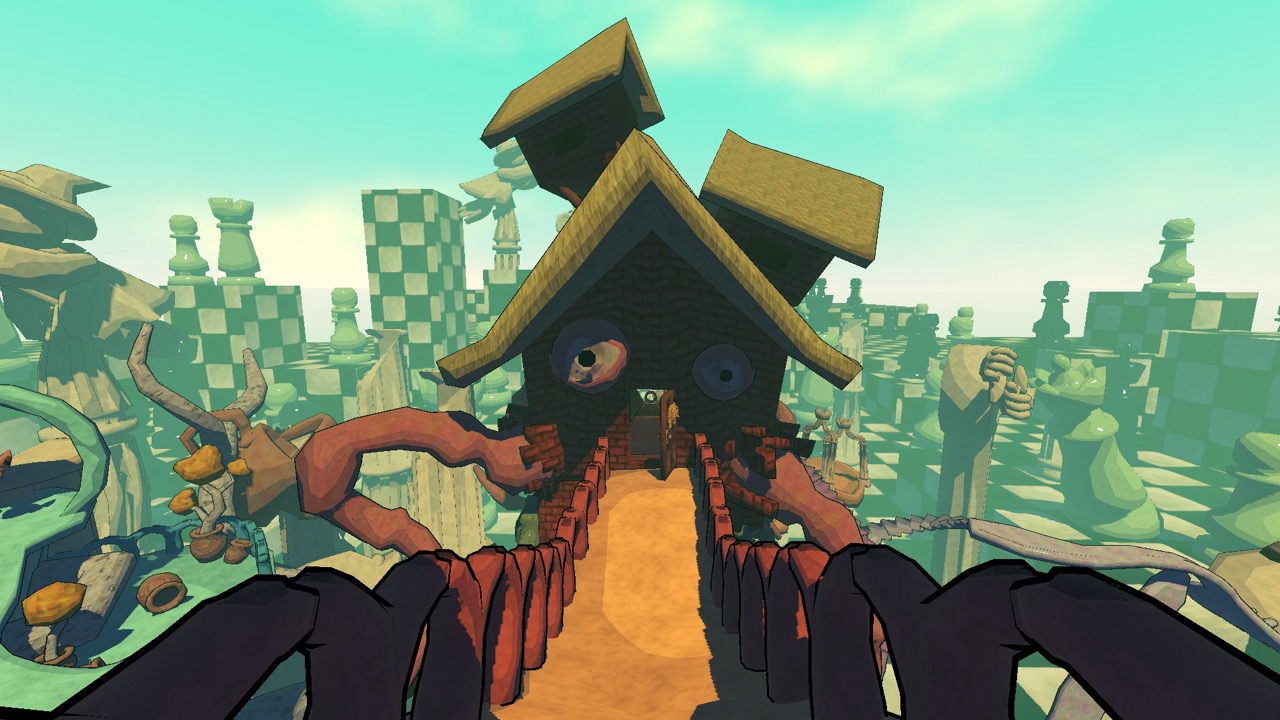 A fantasy house-like creature with a peaked roof and a long walkway-like body stands in a surreal garden of oversized chess pieces.
