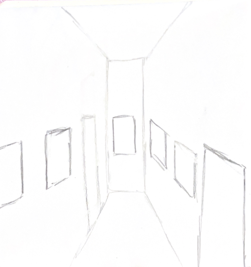 Pencil sketch of interior hallway with rectangular doorways and frames, linear perspective drawing on white paper.