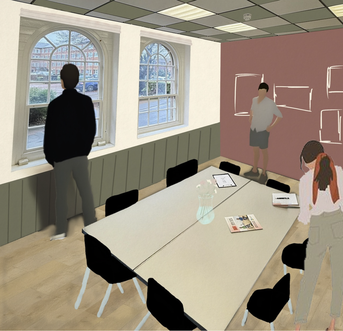 Office interior with white table, black chairs, arched windows, pink wall with white rectangular frames, and silhouetted figures.