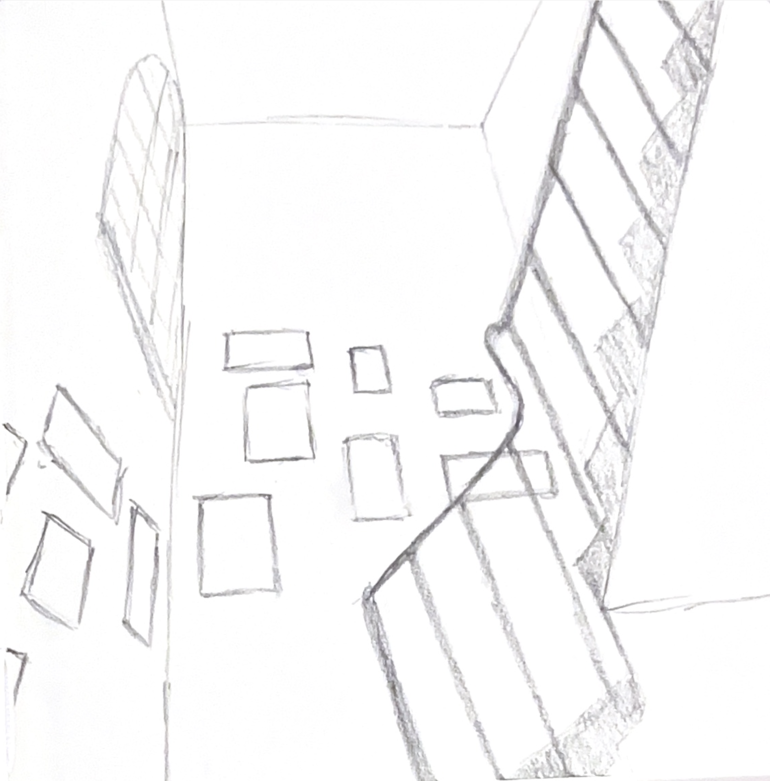 Pencil sketch showing angular building facades from low angle view. Rectangular windows arranged on white surfaces, geometric shapes intersecting diagonally across composition.