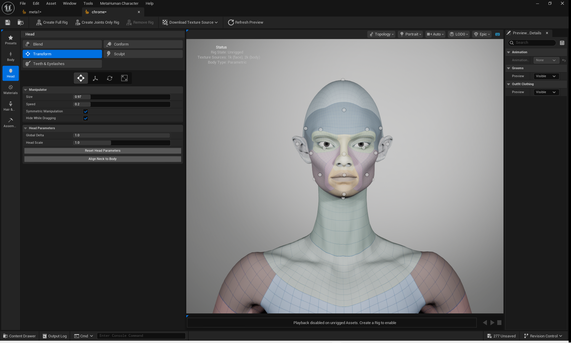 3D modelling software interface showing pale green humanoid figure with bald head and large eyes against grey background, dark toolbars visible.