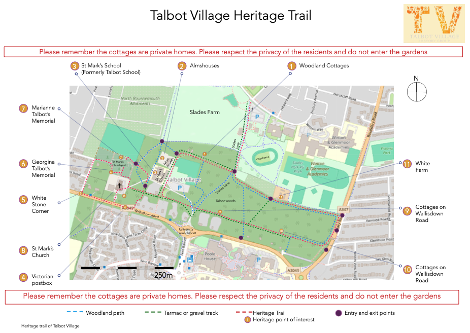 Map of Talbot Village Heritage Trail showing numbered points of interest, green spaces, grey built areas, and walking paths with compass.