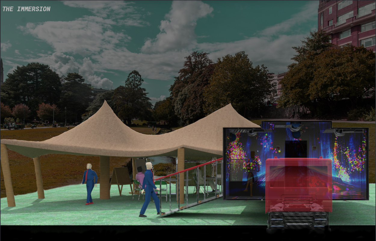 Digital illustration with teal sky, white curved tent structure, blue figures walking, red rectangular element, and colourful screens.