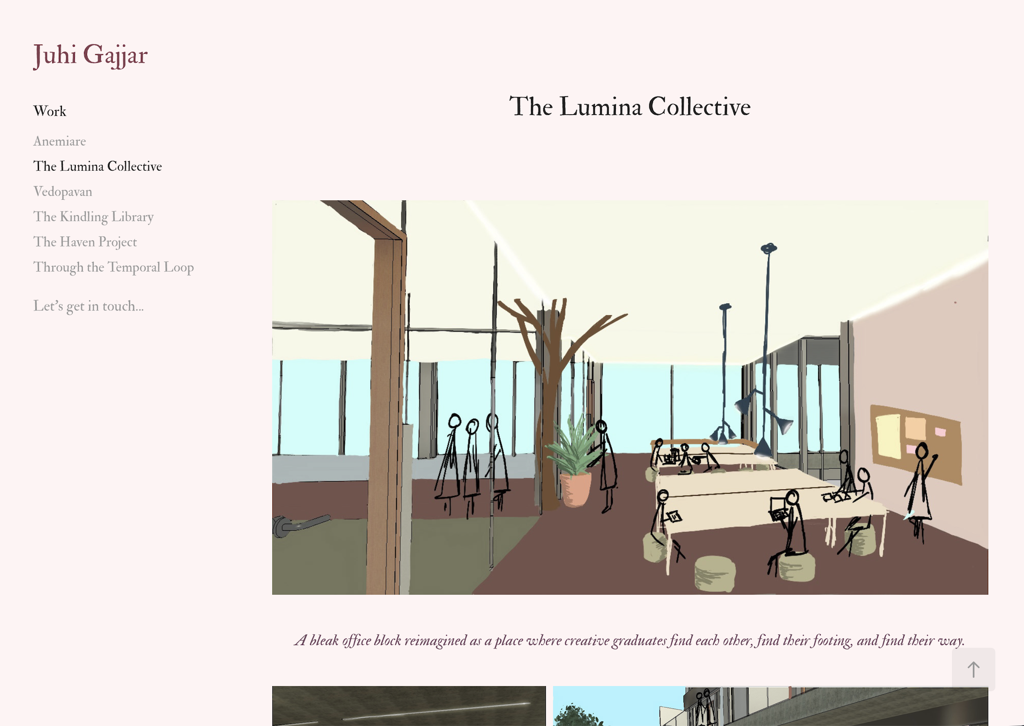 Webpage showing illustration of modern interior space with brown floors, glass walls, small human figures, furniture and plants