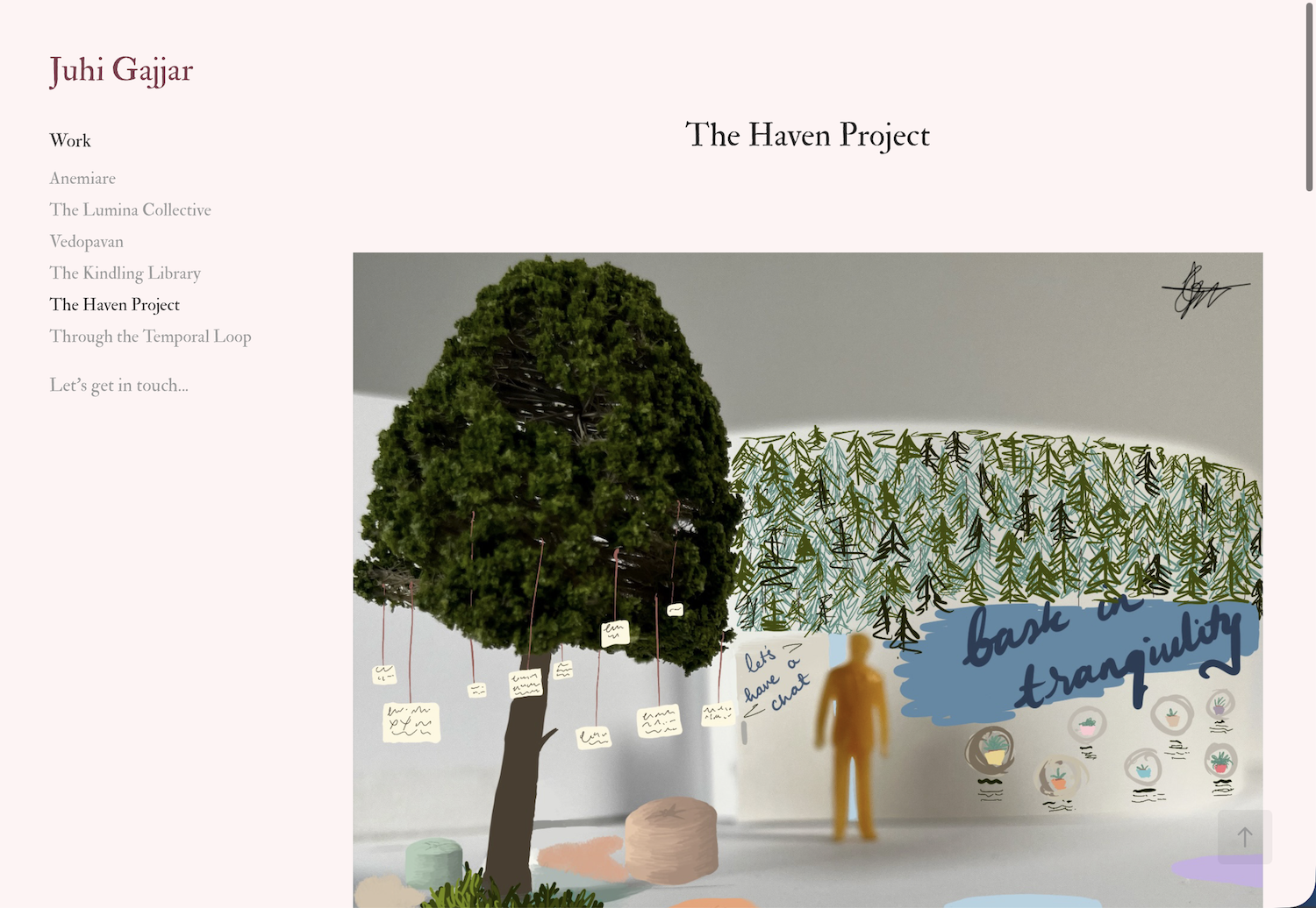 Website layout with pink sidebar containing navigation menu, main content area showing green tree, small orange figure, and blue text panel against white background