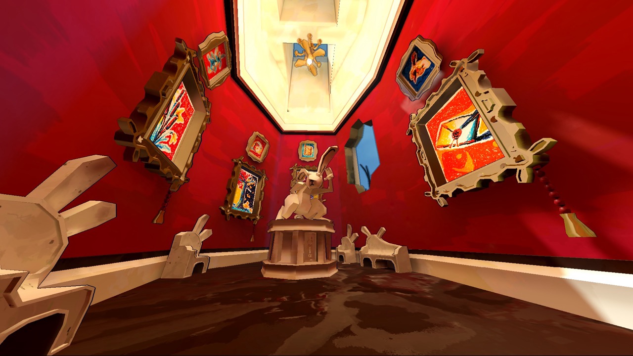 A red-walled gallery or themed room with framed artworks hanging at angles, a white sculpture on a pedestal in the centre, and a bright octagonal skylight above.