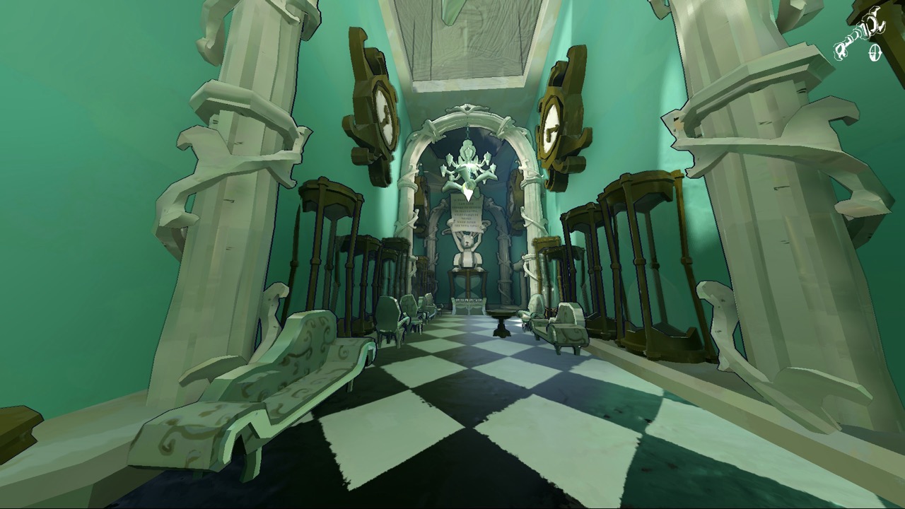 A stylised game corridor with black-and-white chequered floor tiles, flanked by ornate green wardrobes and white sculpted pillars under a chandelier.