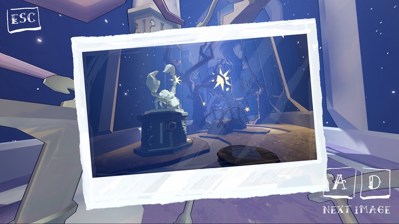 A Polaroid-style image shows a small statue on a pedestal in a blue-lit room with a glowing star-shaped object and the ESC and A/D game prompts.