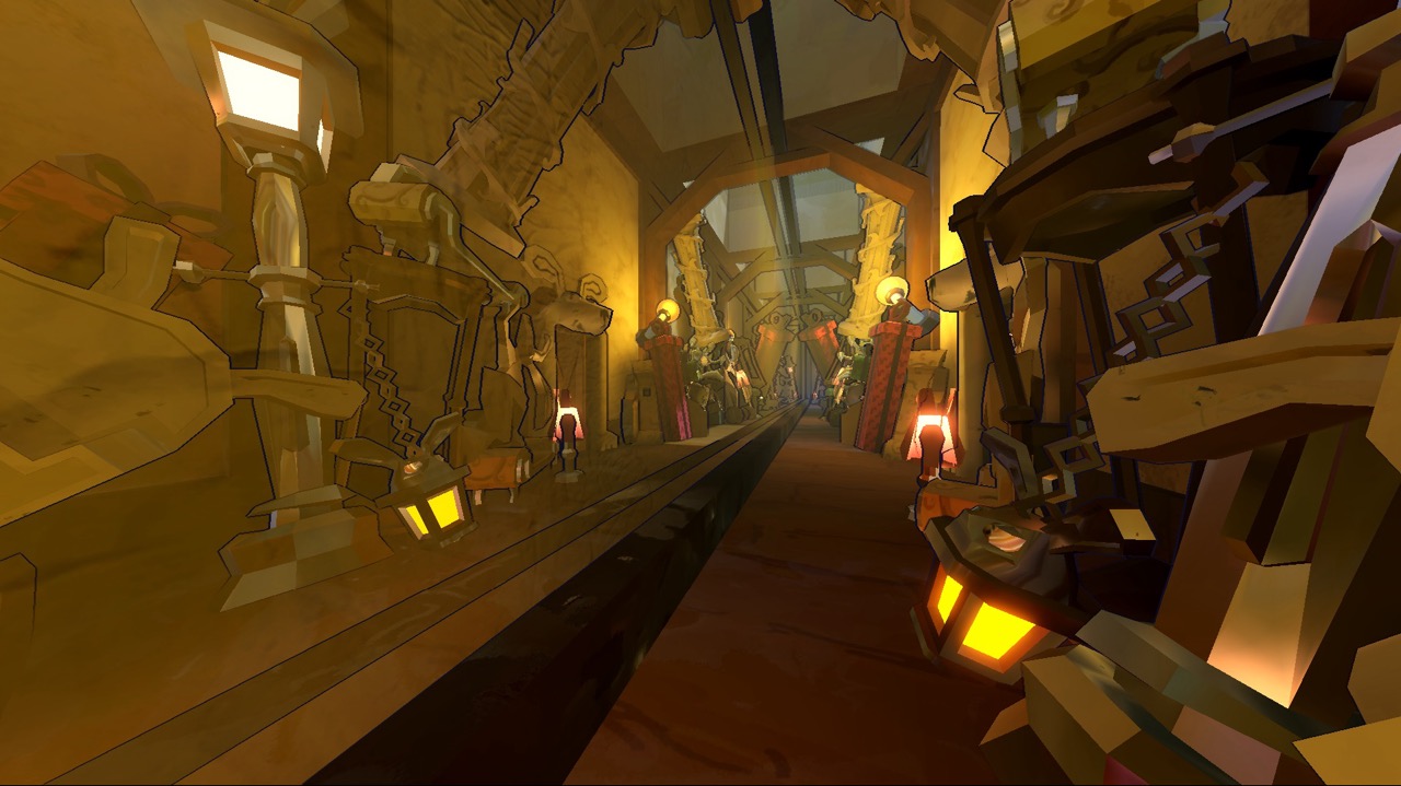 A stylised underground corridor with angular stone walls, lanterns and a central walkway receding towards figures in the distance.