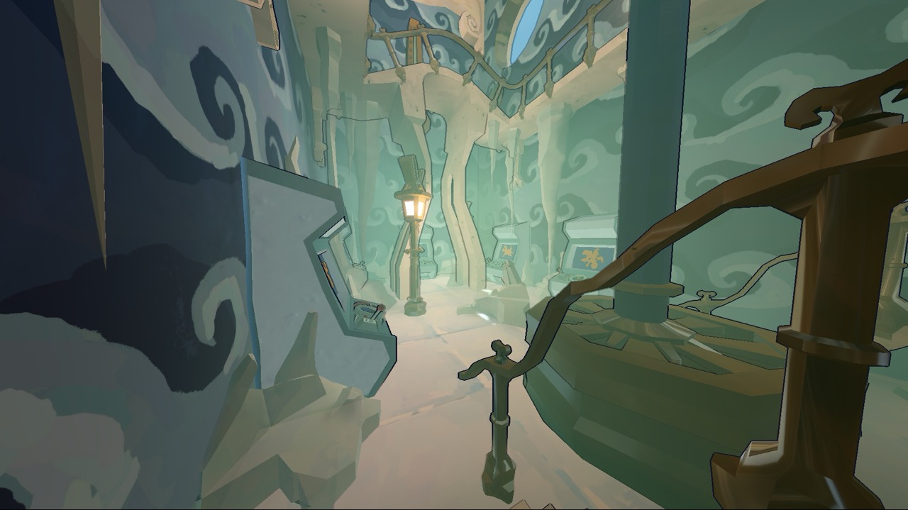 A stylised 3D game environment with a small silhouetted character on a snowy path, surrounded by tall blue-and-white buildings and a lit streetlamp.