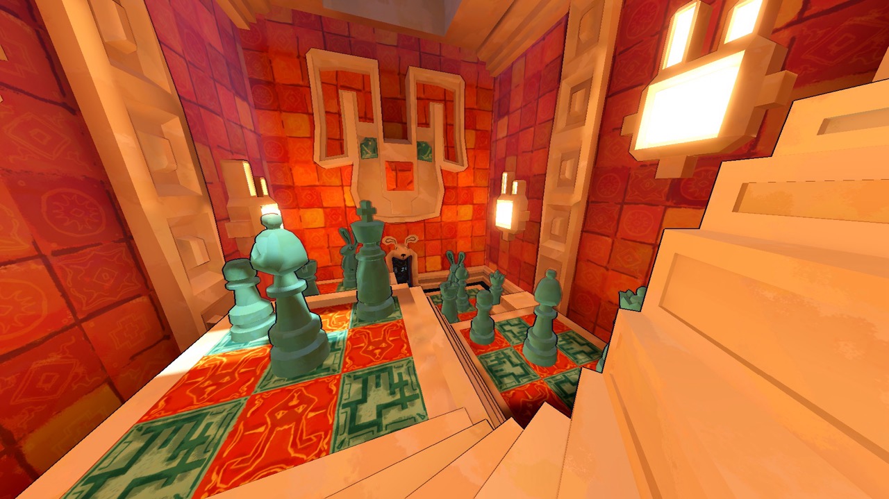 A stylised 3D chessboard with turquoise pieces is set in a red-orange room, with a staircase in the foreground and wall lights above.