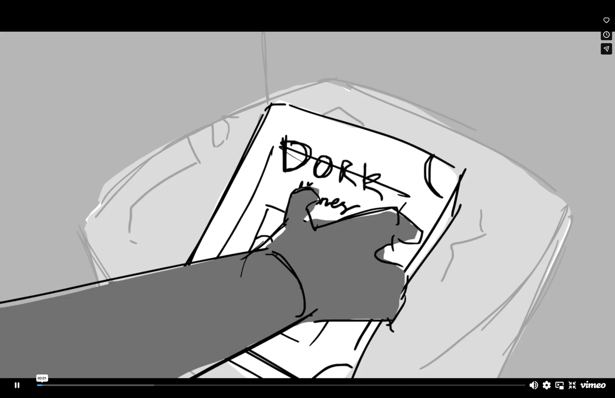 Animated still of a character's hand reaching for a book entitled "Dork Diaries"